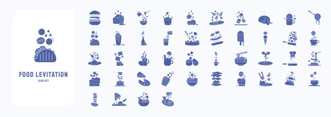 Food levitation icons, including icons like burger, cake, Donut, Noodle and more
