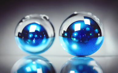 Blue shiny glass balls on a gray background. Generative Ai.