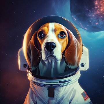 Un chien beagle en tant qu'astronaute dans une combinaison spatiale, avec des &eacute;toiles brillantes et des plan&egrave;tes en arri&egrave;re-plan.