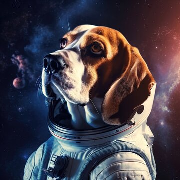 Un chien beagle en tant qu'astronaute dans une combinaison spatiale, avec des &eacute;toiles brillantes et des plan&egrave;tes en arri&egrave;re-plan.