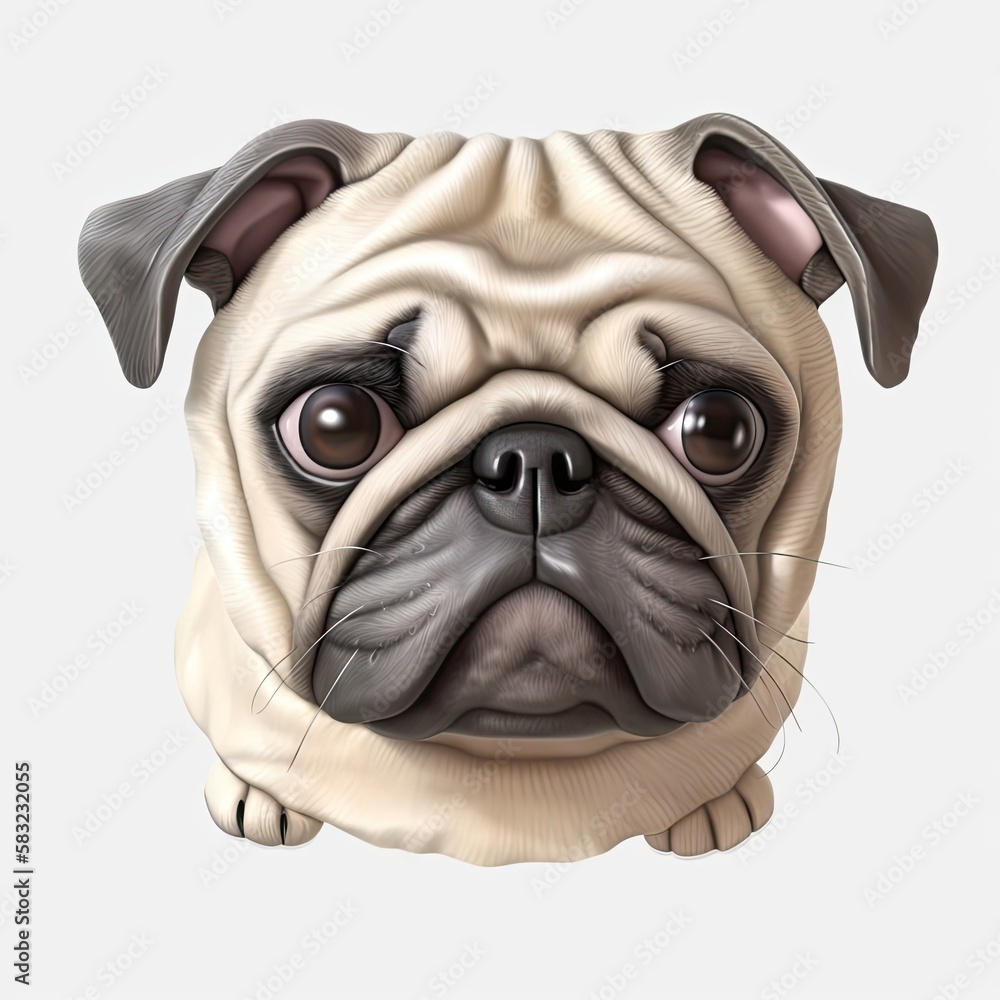 Poster pug sad facial expression on blank background generative ai