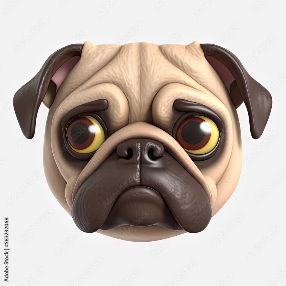 Poster pug sad facial expression on blank background generative ai