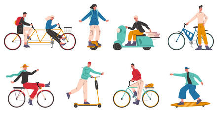 People ride electric city transport. Drivers on urban bikes. Woman on scooters and longboards. Man driving motorbike or gyroscooter. Eco friendly vehicles. Vector biking persons set © VectorBum