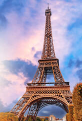 Fototapeta na wymiar The Eiffel Tower in Paris against the backdrop of a beautiful evening sky.