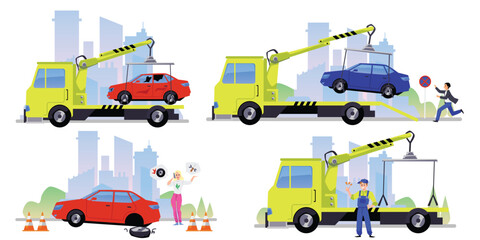 Tow truck moving car after accident and improperly parked car, flat vector illustration isolated on white background.