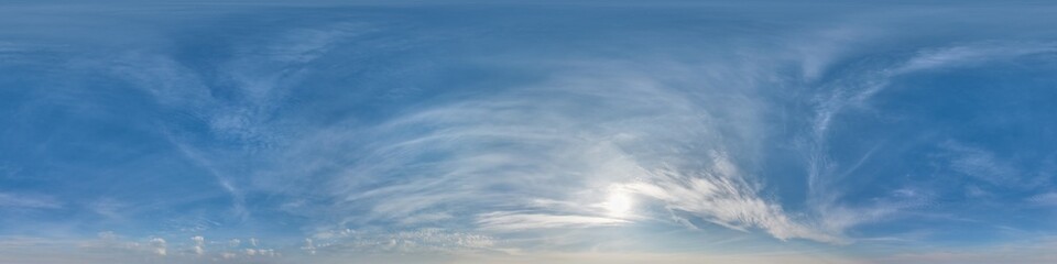 blue sky with cumulus clouds as seamless hdri 360 panorama with zenith in spherical equirectangular projection may use for sky dome replacement in 3d graphics or game development and edit drone shot