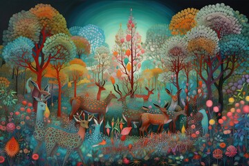 Fototapeta na wymiar Une forêt enchantée avec des cerfs et beaucoup de fleurs et de plantes avec une ambiance colorée. Idéal comme fond d'écran.