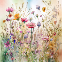 Spring meadow with flowers, summer blossoms, grass, leaves, colorful, bouquet, summer feeling. Generative AI.
