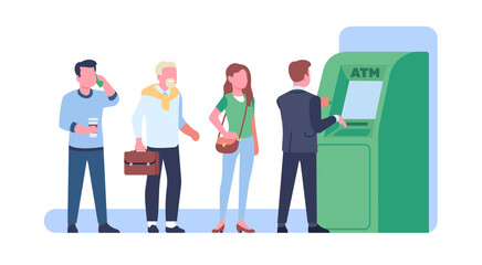 People standing in waiting line at ATM. Queue of men and women to payment terminal. Banking finance transfer. Automated machine. Withdrawing money. Electronic cashpoint. Vector concept