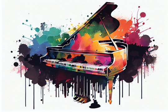 Watercolor Illustration of a Piano With Colorful Paint Splattered On It. Generative AI