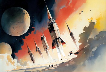 Watercolor Illustration of a Powerful Work Of Carrier Rockets To Put Manned Space Shuttles Into EarthS Orbit. Generative AI