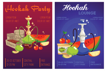 Hookah party and lounge invitation posters set, flat vector illustration.