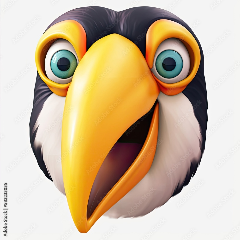 Poster toucan very happy facial expression on blank background generative ai