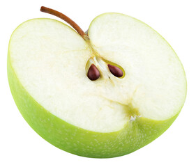 Green apple half with seeds and stem isolated on transparent background