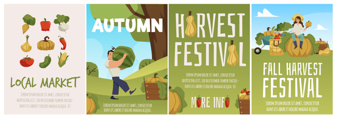 Autumn harvest festival and local market advertising posters set, flat vector illustration.