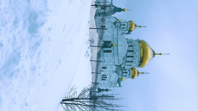 Belogorsky St. Nicholas Orthodox Missionary Monastery. Russia, Perm Krai, Belaya Gora. The temple on the hill in winter. Monastery on the background of snow. 4K