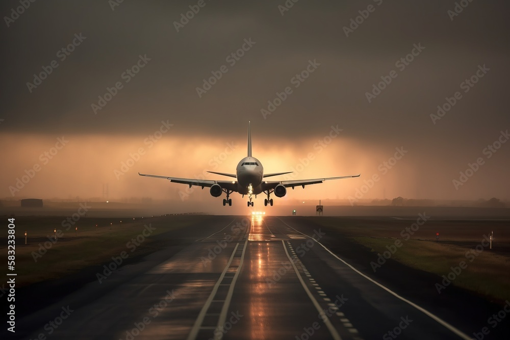 Poster an airplane is taking off from a runway at night with the sun shining through the clouds behind it a