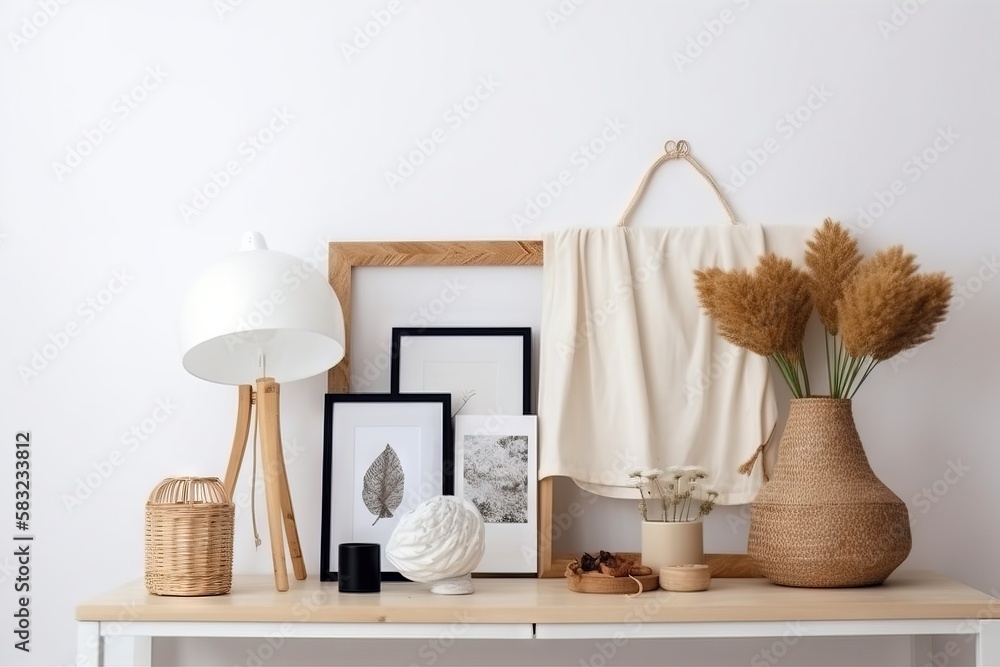 Poster a table with a bunch of pictures and a lamp on top of it with a towel hanging over it and a vase wit