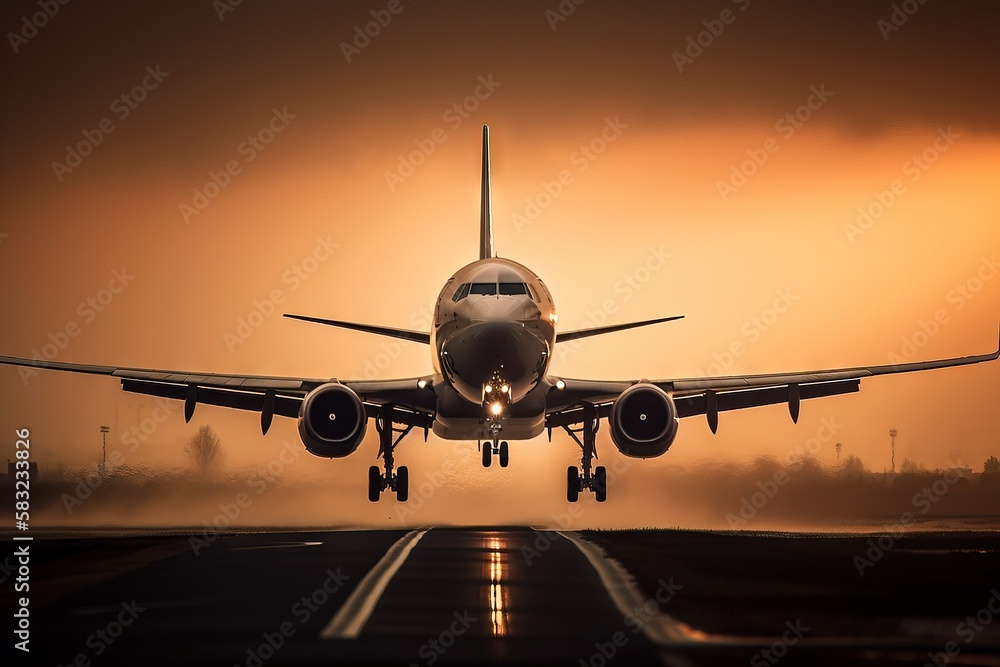Poster a large jetliner taking off from an airport runway at sunset or dawn with fog in the air and a plane