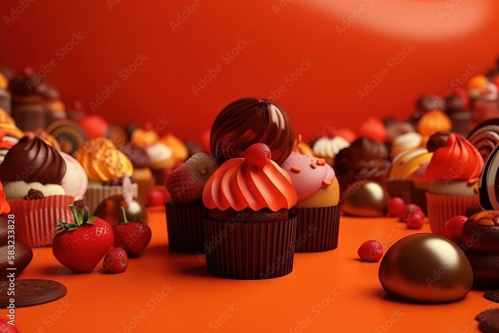 Poster a bunch of cupcakes that are sitting on a table with chocolates and strawberries around them on an o