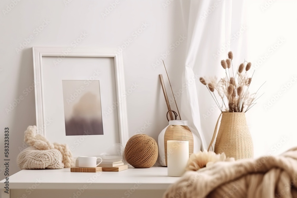Poster a white shelf with a vase, candle, and a picture on it with a blanket on top of it and a picture fra
