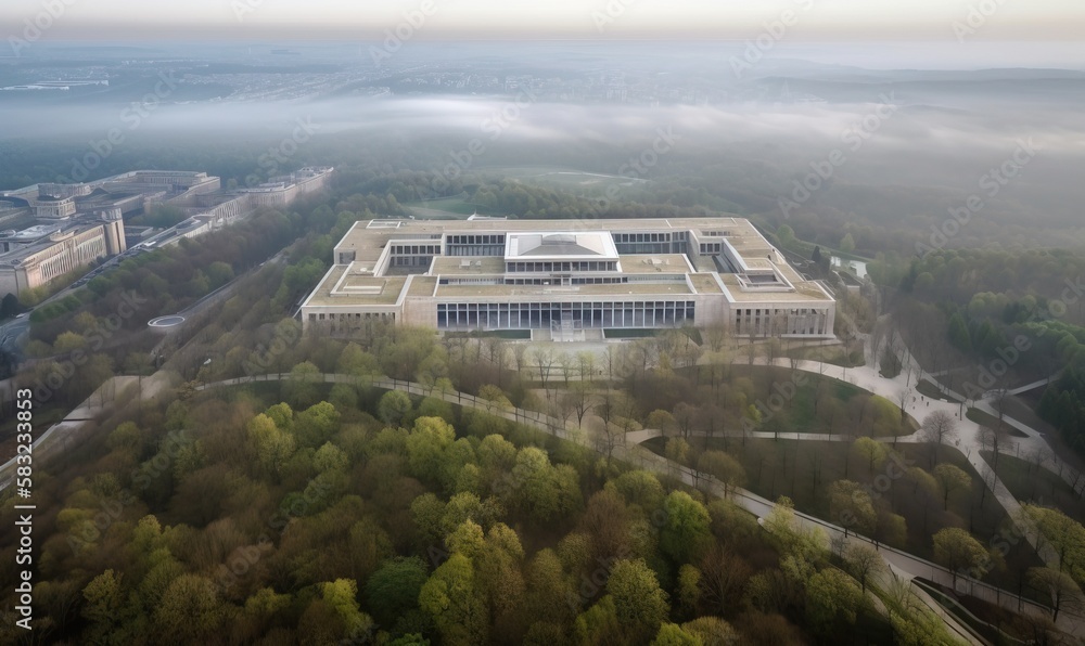 Poster an aerial view of a large building surrounded by trees and a foggy sky with a few clouds in the back