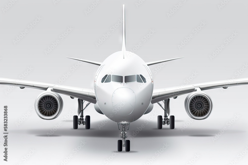 Poster a large white airplane is on a gray background with a shadow of the plane on the ground and the fron