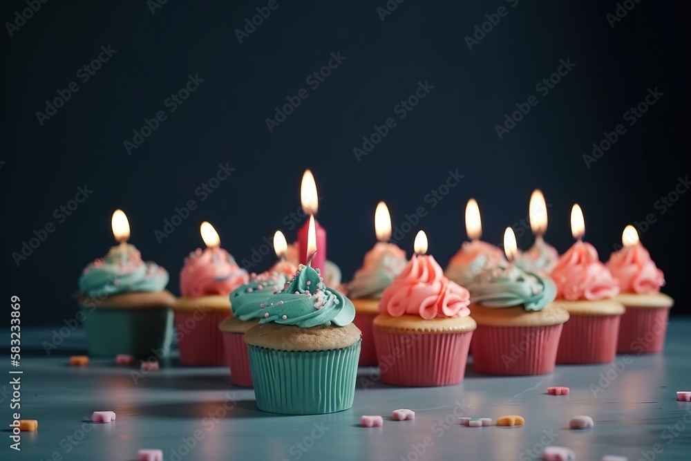Poster a row of cupcakes with lit candles on top of them on a blue surface with small sprinkles on the tabl