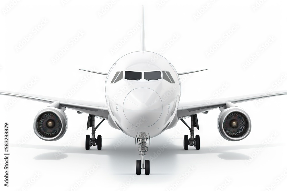 Poster a large white airplane is on a white surface with a shadow on the ground and the front end of the pl