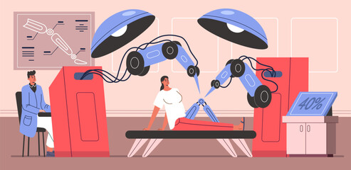 Remote operation process. Bionic medical technologies. Disabled woman with artificial limb. Cyber prosthetics. Future surgery. Operating room with robotic manipulators. Vector concept