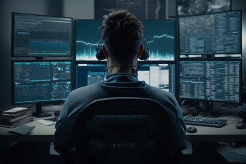 the person watching the cryptocurrency trading editor multi-monitor computer setup Generative AI