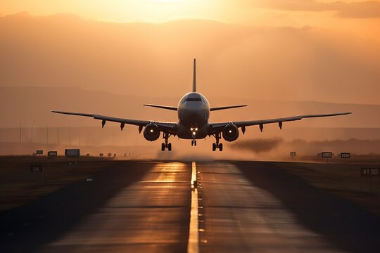 a large jetliner taking off from an airport runway at sunset or dawn with the landing gear down and the landing gear down, as the plane is about to take off.  generative ai
