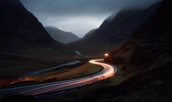  a winding road in the middle of a mountain range at night, illuminated by a light pole and surrounded by hills The sky is visible in the background, creating a bea
