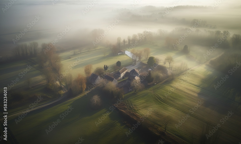 Poster an aerial view of a house in a foggy field with trees in the foreground and a barn in the distance i