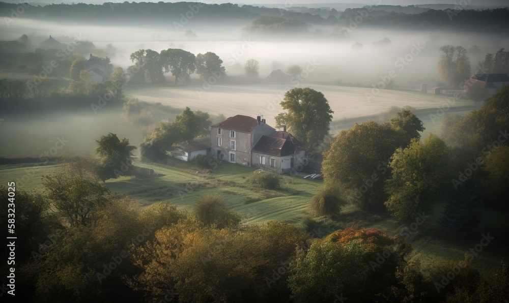 Poster a house in the middle of a foggy field surrounded by trees and a field with a house in the middle of