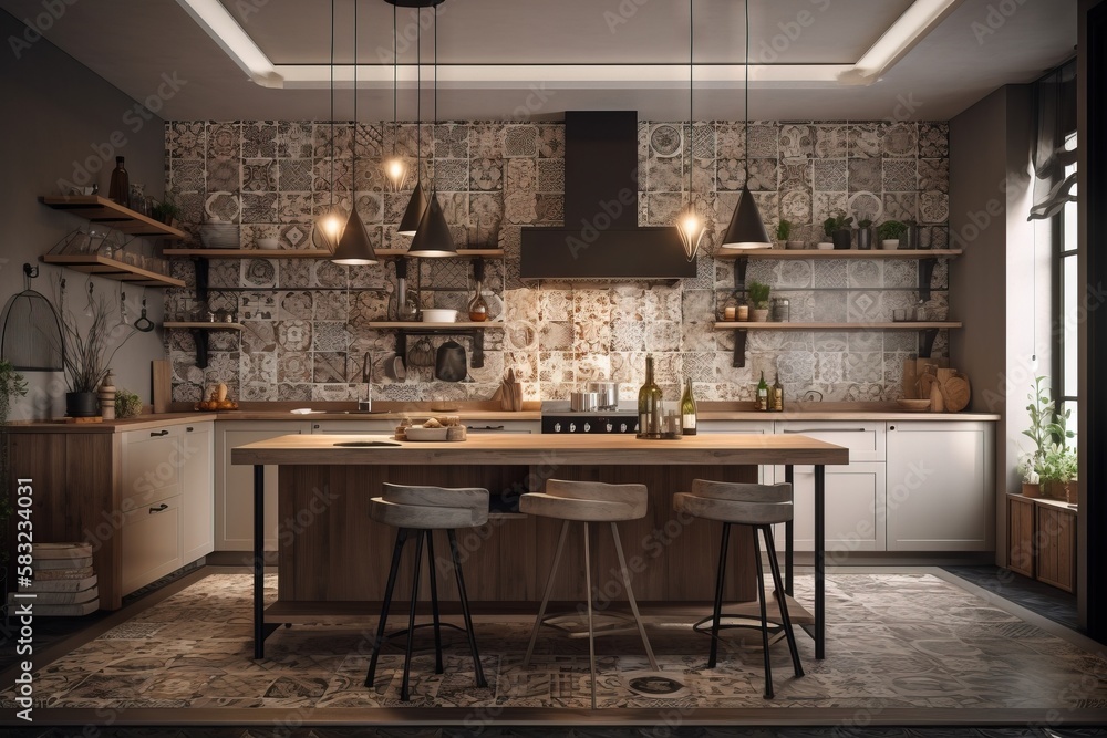 Poster a kitchen with a table and two stools in front of a wall with a tile pattern and a potted plant on t