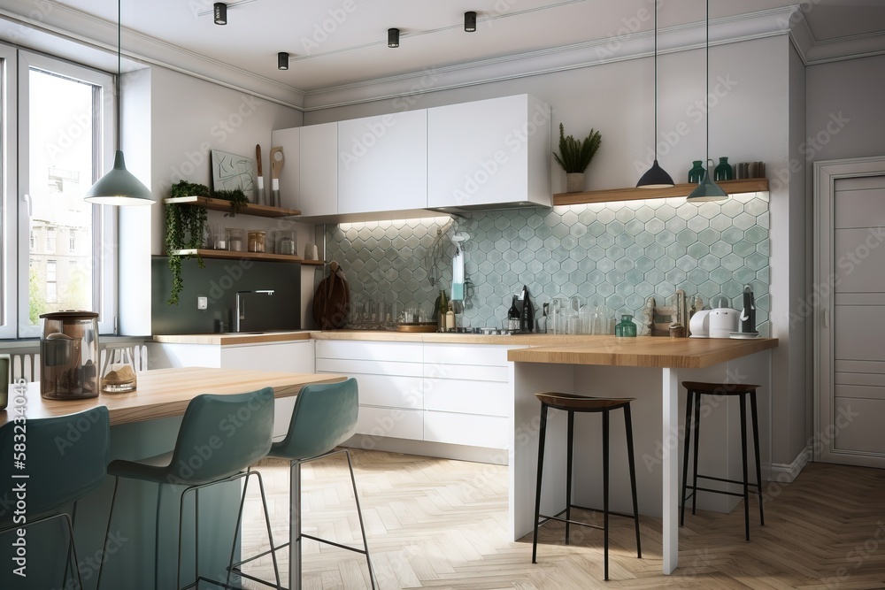 Poster a kitchen with a counter, chairs, and a counter top with a lot of bottles on it and a window in the 