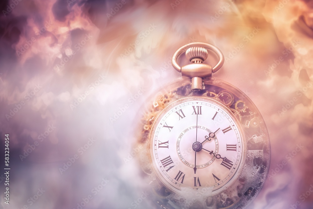 Poster an old pocket watch with roman numerals and a gold chain on a colorful background with clouds of smo