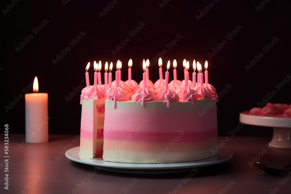 Poster a cake with pink frosting and lit candles on a table with a plate of cookies and a candle on the sid