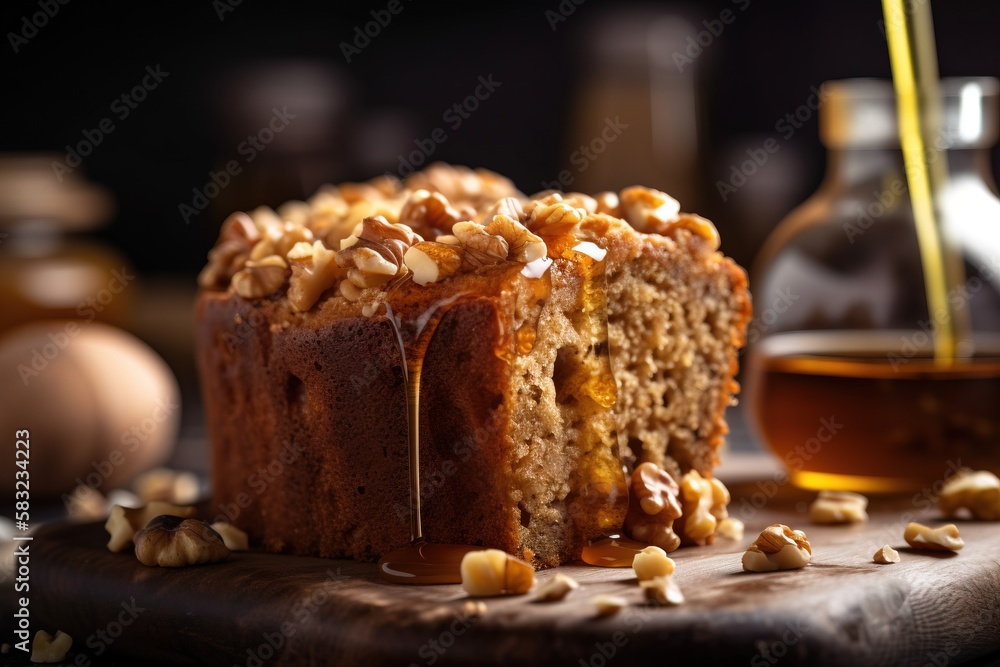 Aufkleber a close up of a cake with nuts on a wooden board with a jar of honey in the background and a spoon i