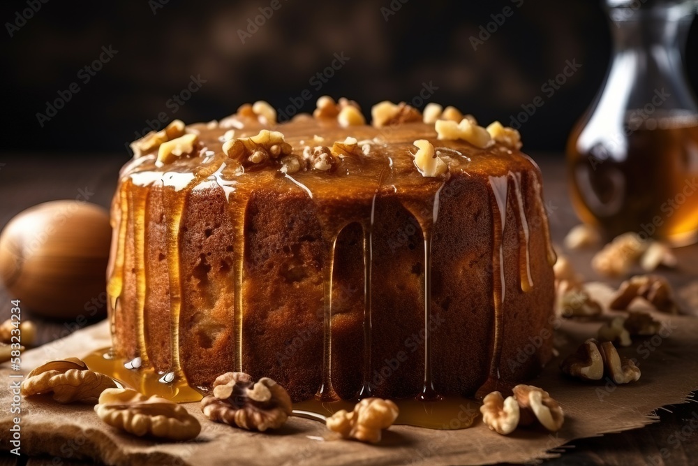 Poster a cake with walnuts and honey drizzled on it and a bottle of honey in the background on a wooden tab