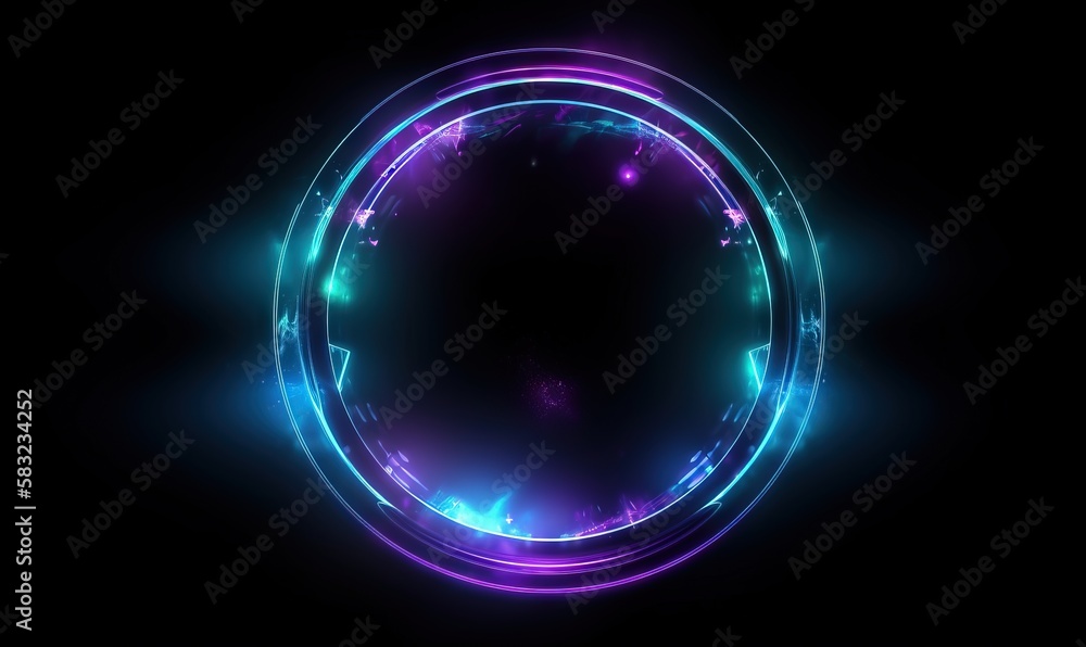 Poster a circular neon frame on a black background with a blue and purple light in the middle of the frame 