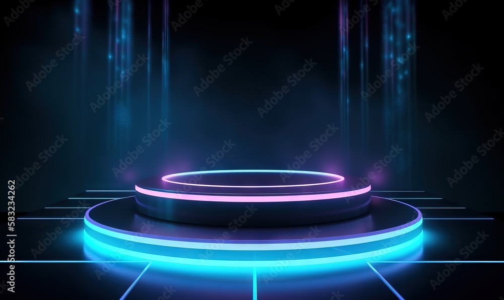 Poster a round stage with a neon light on it and a circular light on the floor in the middle of the stage i