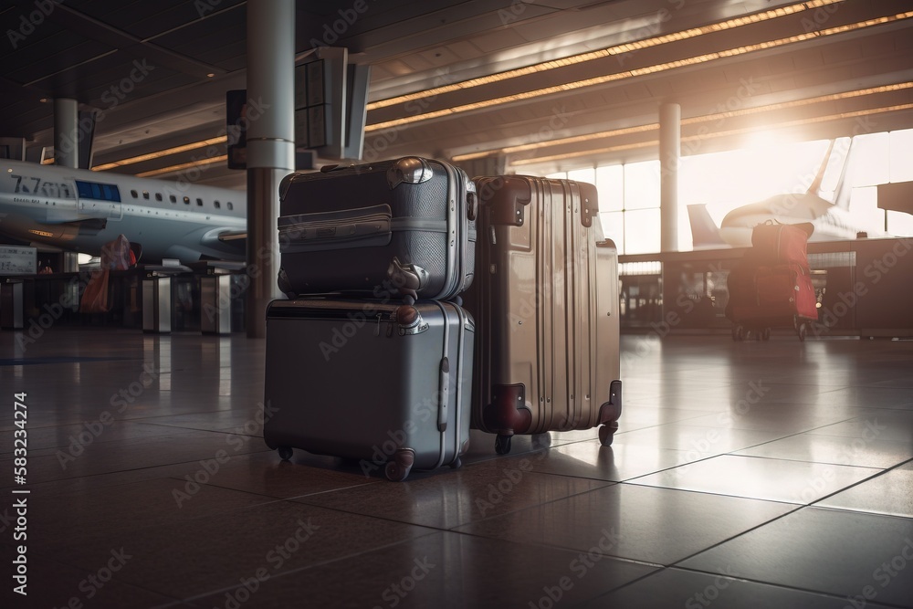 Poster a couple of suitcases that are sitting on the ground in a room with a plane in the background and a 