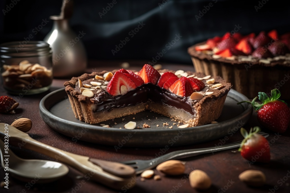 Poster a chocolate dessert with strawberries and nuts on a plate next to a fork and a cup of coffee on a ta