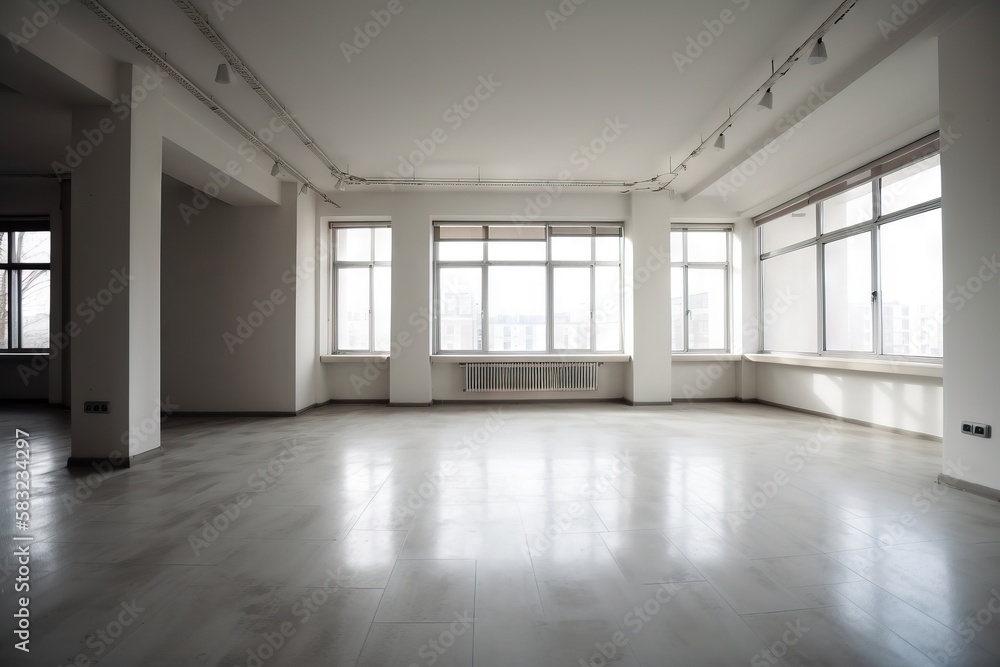 Poster a large empty room with a lot of windows and a radiator on the side of the room and a radiator on th