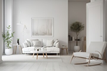 Fototapeta na wymiar a living room with a white couch and a white chair and a plant in the corner of the room and a picture on the wall. generative ai