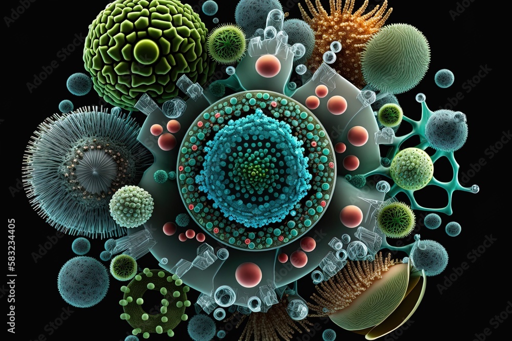 Poster idea of viruses and bacteria as seen under a microscope generative ai