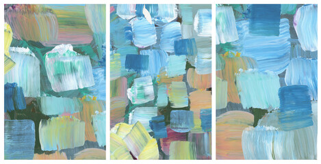 Art modern oil and acrylic smear blot canvas painting. Interior abstract triptych wall. Color stain...