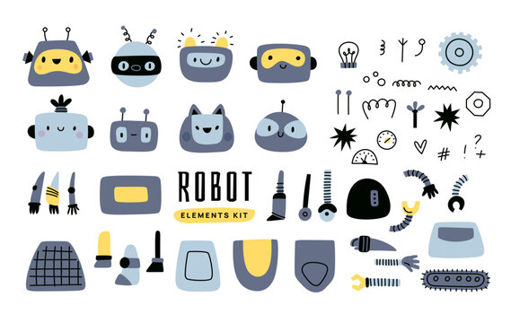 Robot elements kit. Funny kids cyborg details. Cute automation toy. Assemble yourself. Various heads and limbs. Android characters creation. AI machine constructor. Garish vector set
